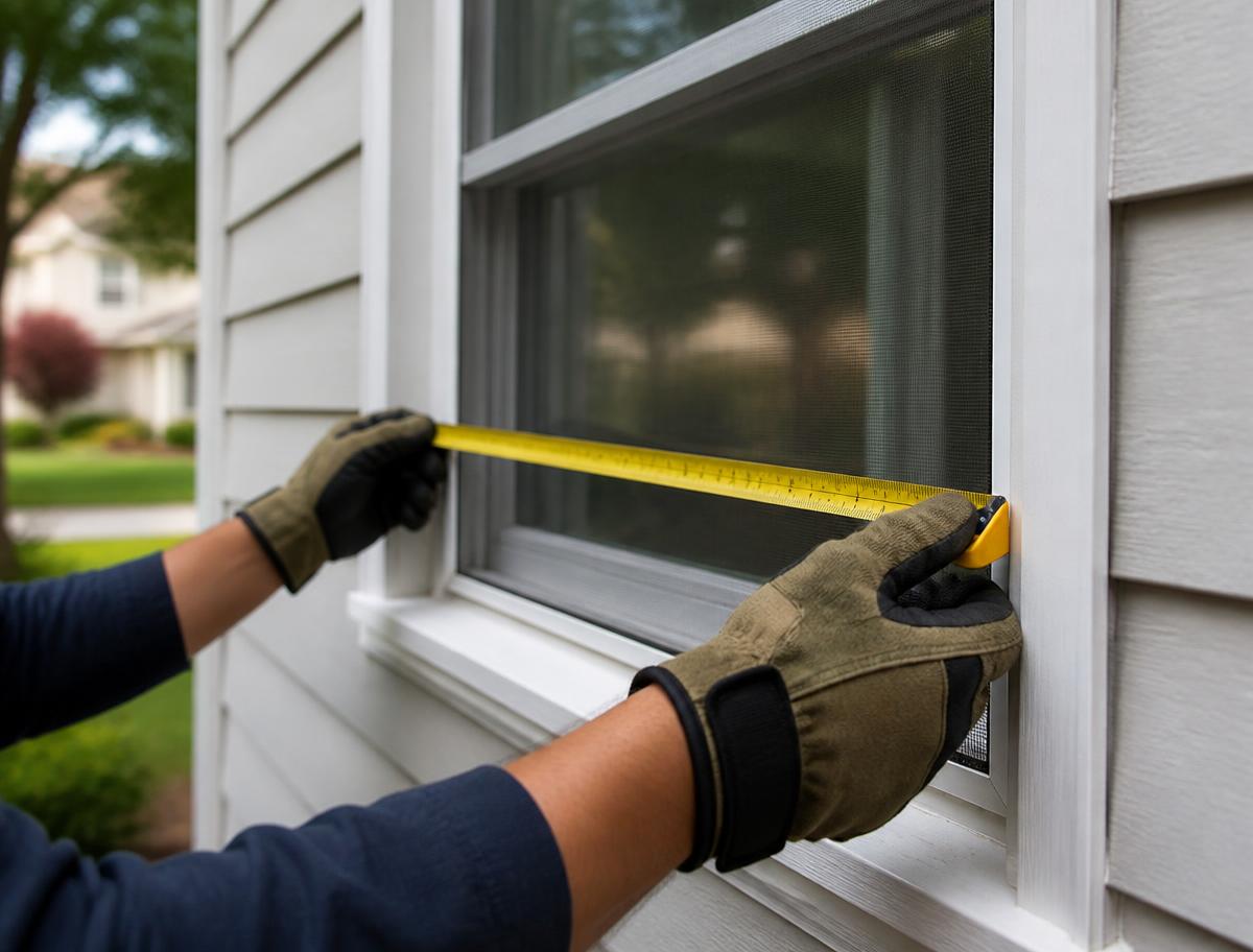 Technician measuring a residential house window opening for a replacement window screen