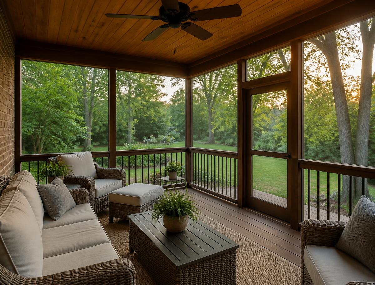 Screened back porch on an Acworth, Georgia home overlooking a wooded backyard