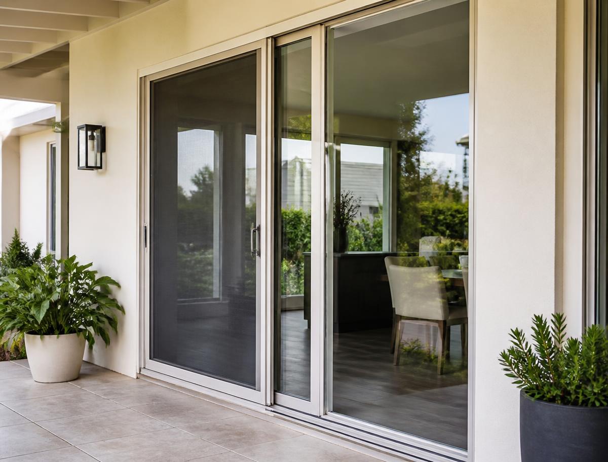 Sliding screen door on the back patio of a residential home